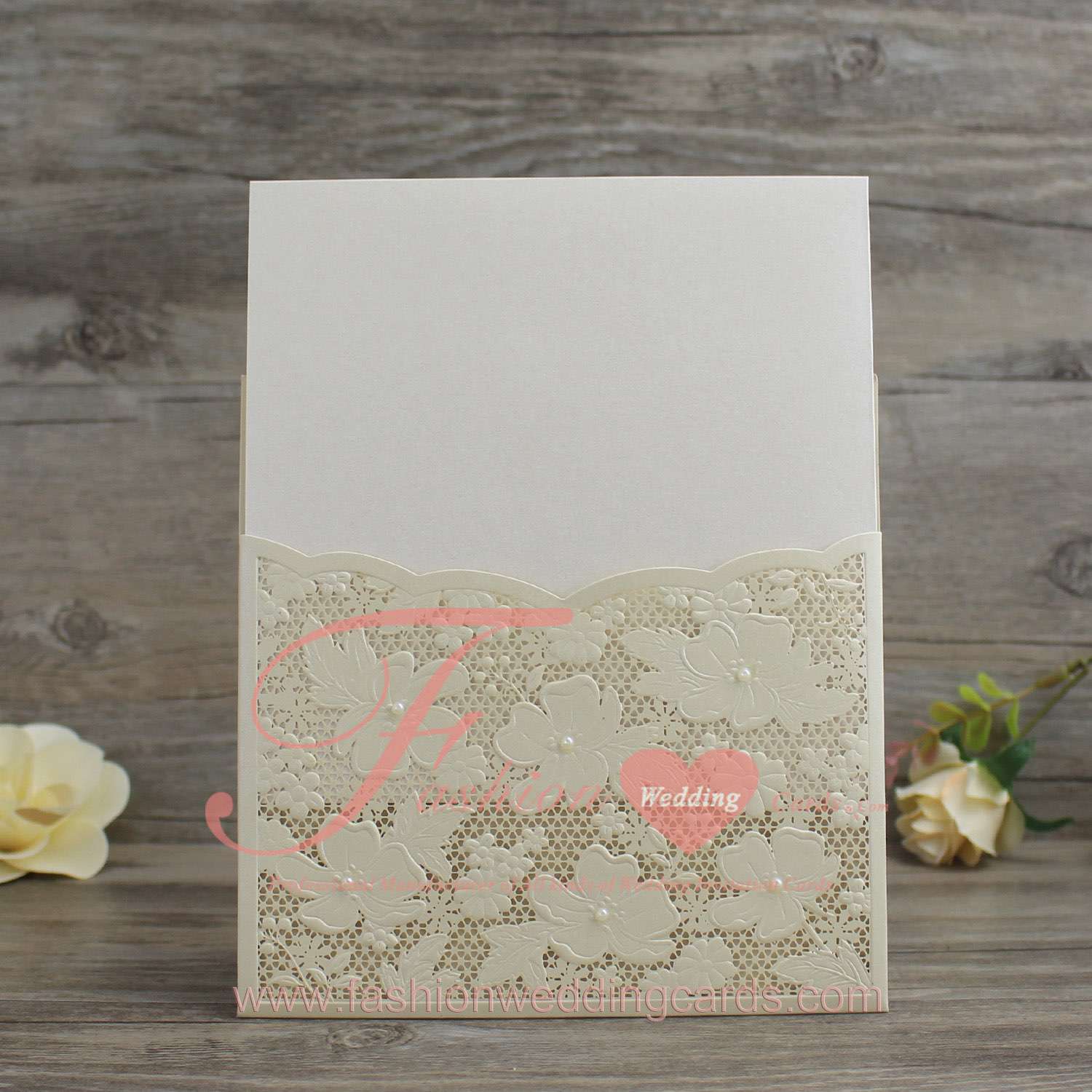 Ivory and White Laser Cut Wedding Invitation Pocket